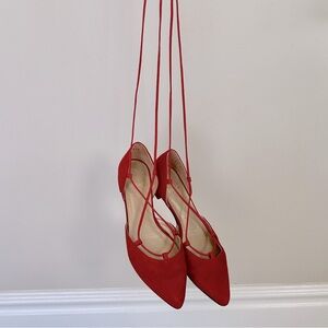 Stuart Weitzman Red Suede Lace-Up Flats – Size 5.5 (EU 35.5)